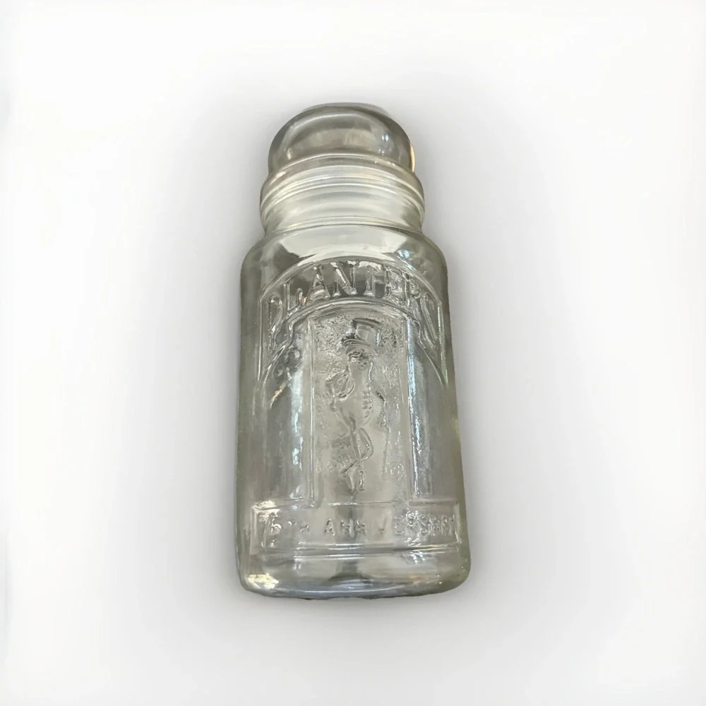 Vintage 1981 Planters Mr. Peanut Jar Canister Clear‎ Glass Lid 75th Anniversary